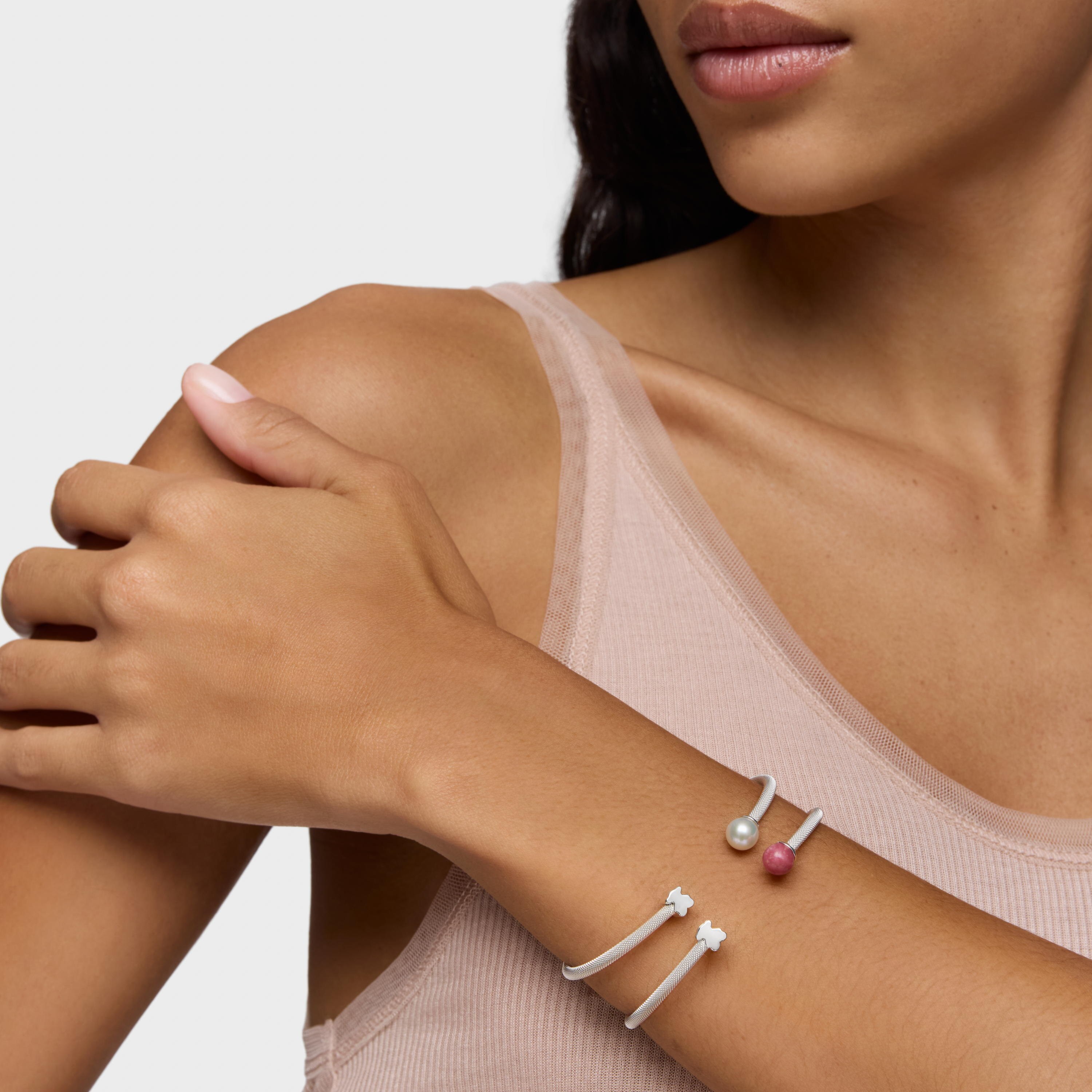 Silver Bangle with rhodonite Icon Mesh