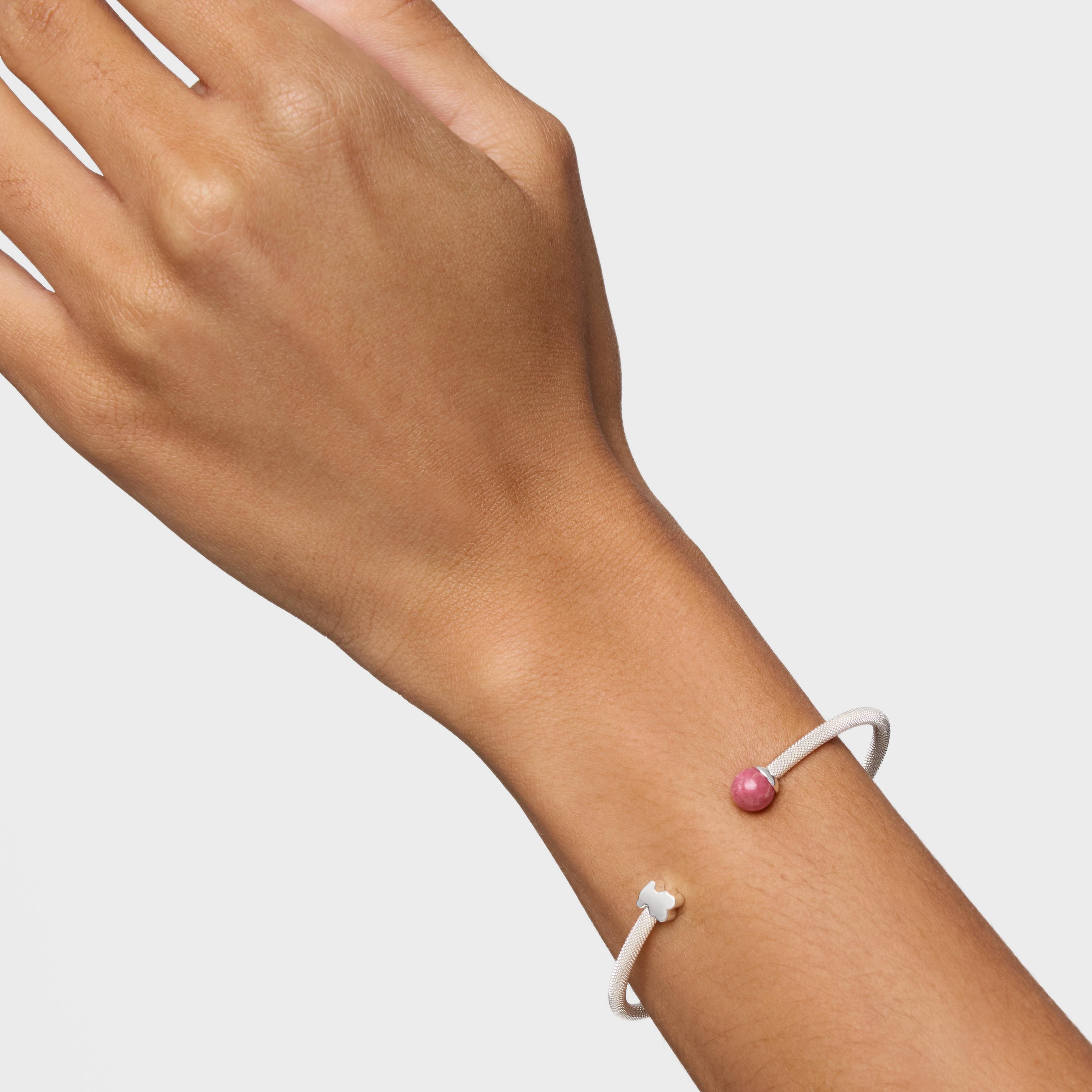 Silver Bangle with rhodonite Icon Mesh