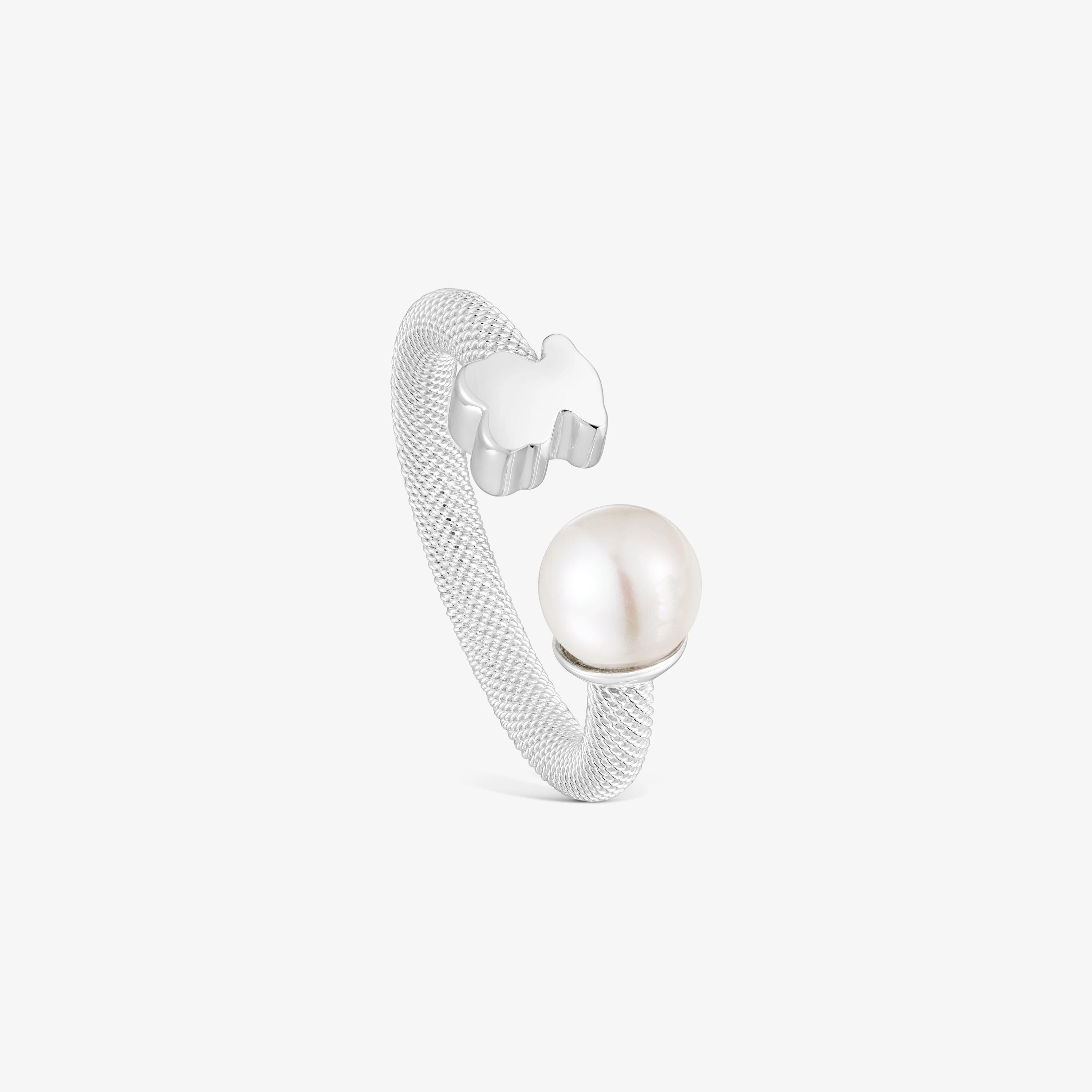 Silver Open ring with cultured pearl Icon Mesh