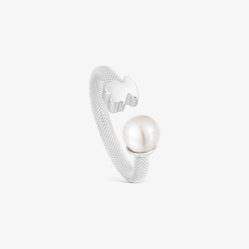 Anillo abierto de plata y perla cultivada Icon Mesh