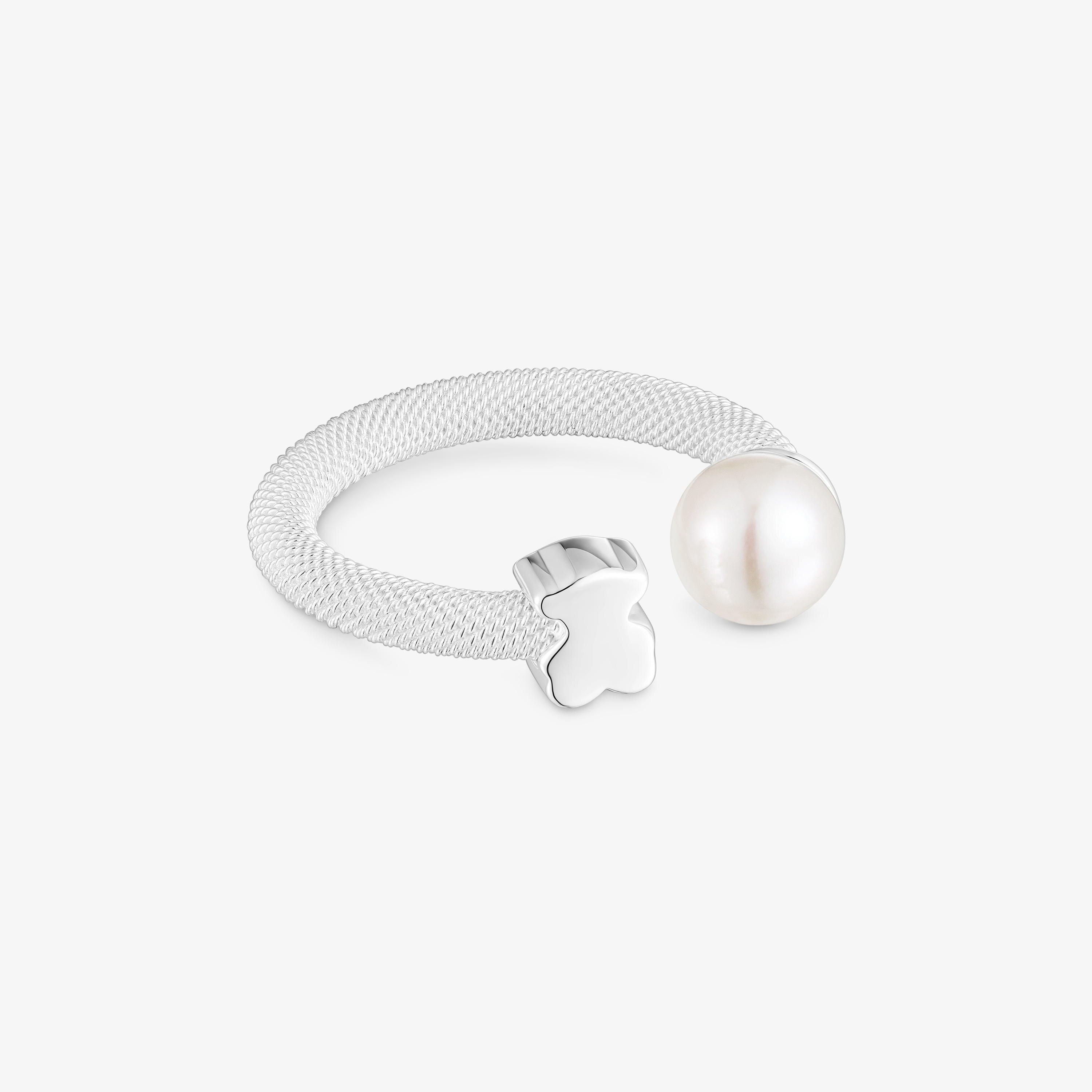 Silver Open ring with cultured pearl Icon Mesh