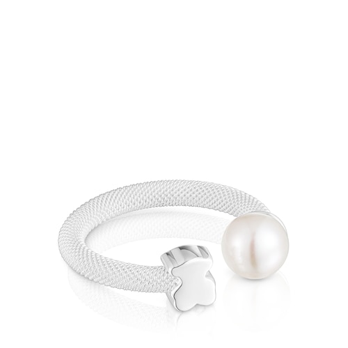 Anillo abierto de plata y perla cultivada Icon Mesh