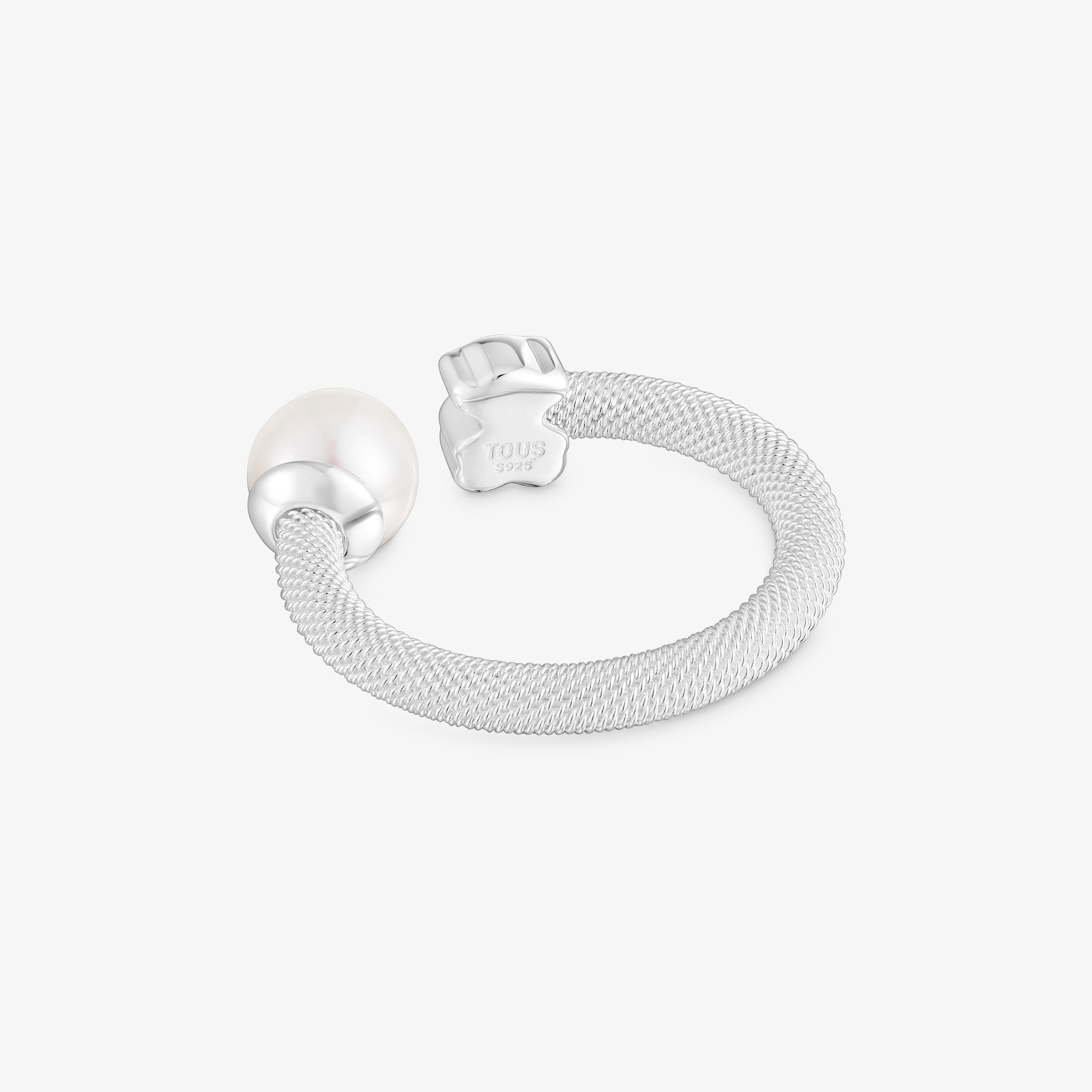 Silver Open ring with cultured pearl Icon Mesh