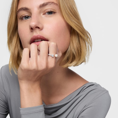 Anillo abierto de plata y perla cultivada Icon Mesh