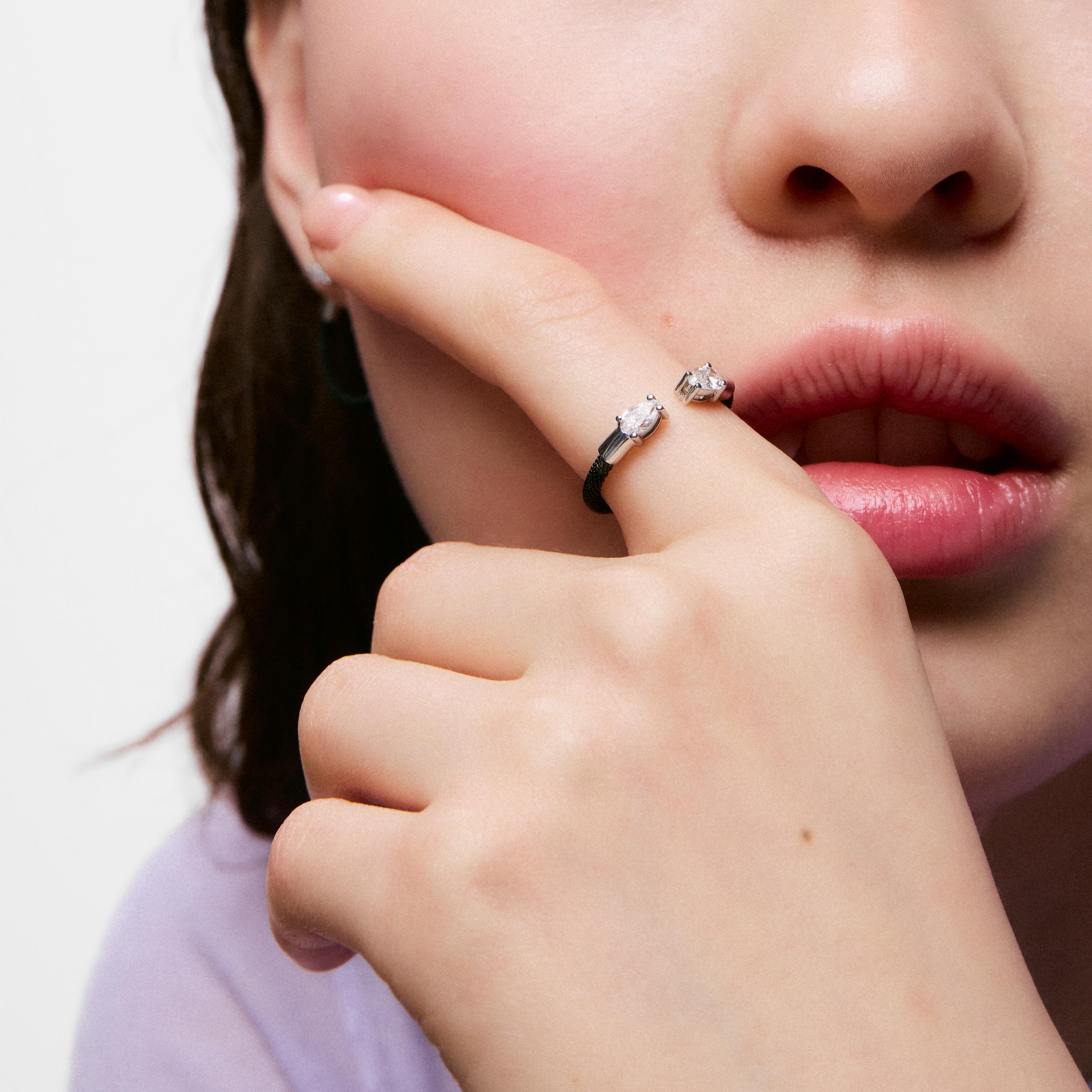 Platinum, black steel and lab-grown diamonds Open ring TOUS Mesh LGD