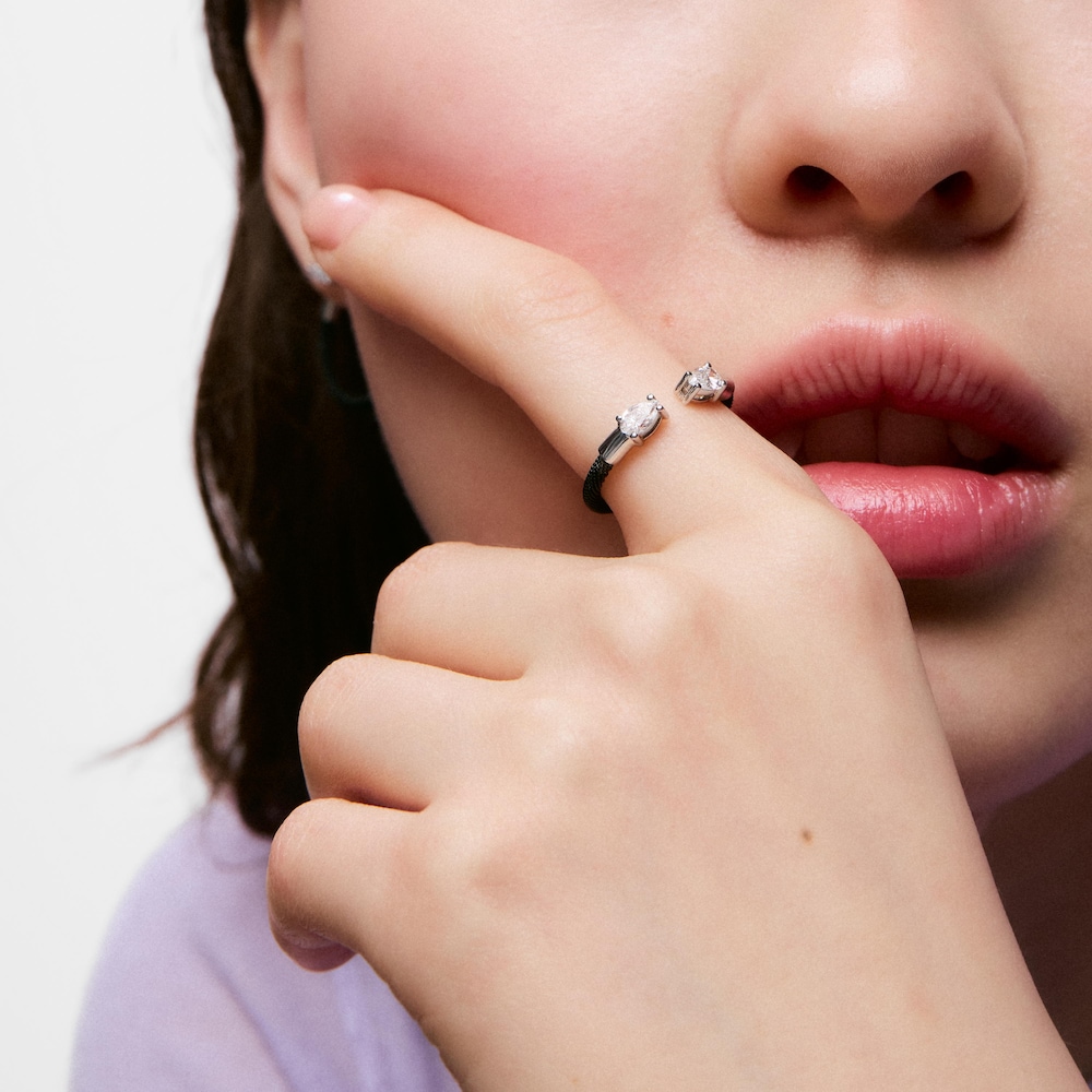 Offener Ring TOUS Mesh LGD aus Platin, schwarzem Stahl und im Labor gez&uuml;chteten Diamanten