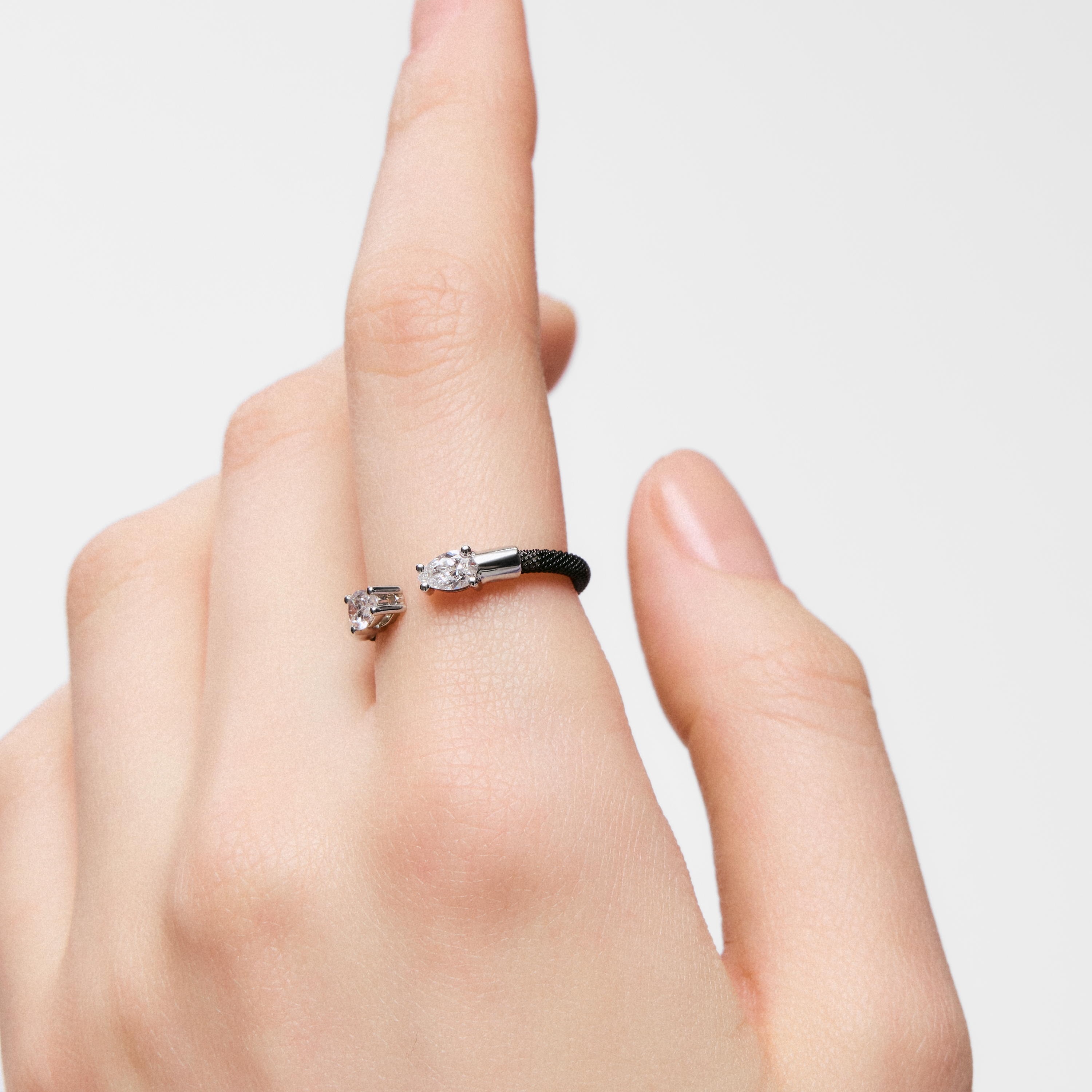 Platinum, black steel and lab-grown diamonds Open ring TOUS Mesh LGD