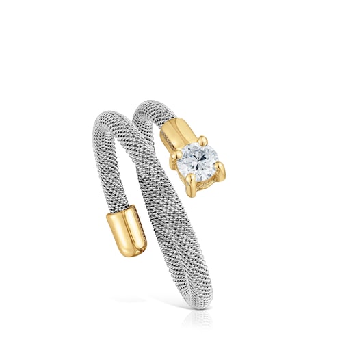 Anillo espiral de acero, oro 14 kt y diamantes creados en laboratorio TOUS Mesh LGD