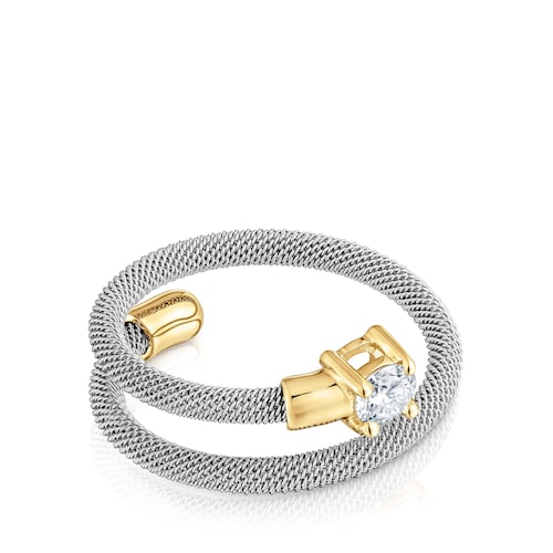 Anillo espiral de acero, oro 14 kt y diamantes creados en laboratorio TOUS Mesh LGD
