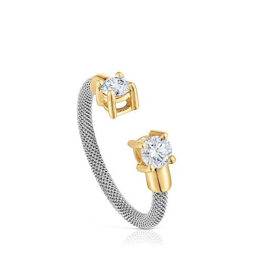 Anillo abierto de acero, oro 14 kt y diamantes creados en laboratorio TOUS Mesh LGD