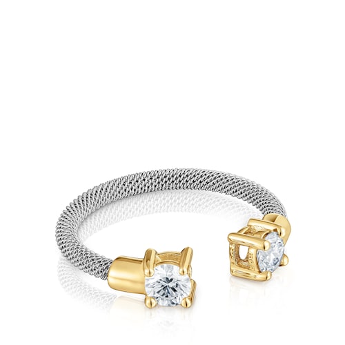 Anillo abierto de acero, oro 14 kt y diamantes creados en laboratorio TOUS Mesh LGD