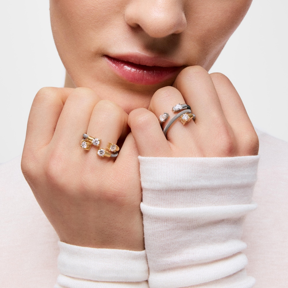 Anillo abierto de acero, oro 14 kt y diamantes creados en laboratorio TOUS Mesh LGD