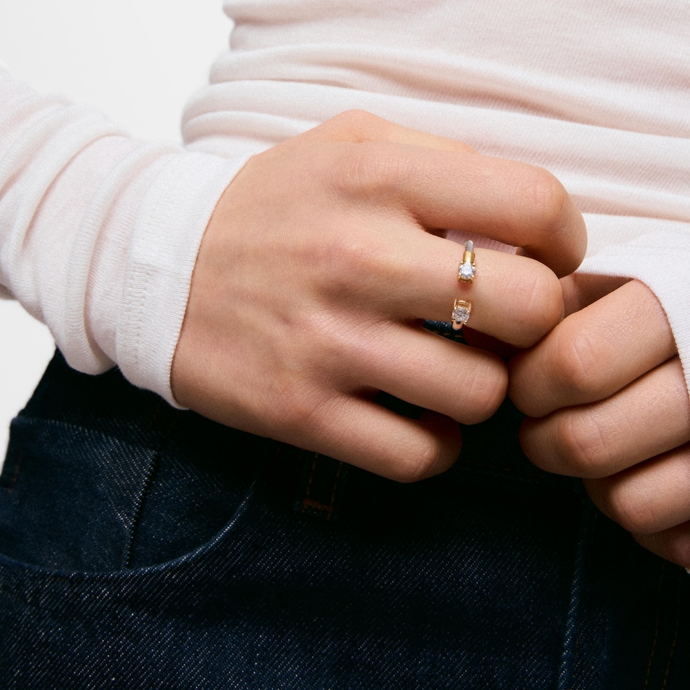 Anillo abierto de acero, oro 14 kt y diamantes creados en laboratorio TOUS Mesh LGD
