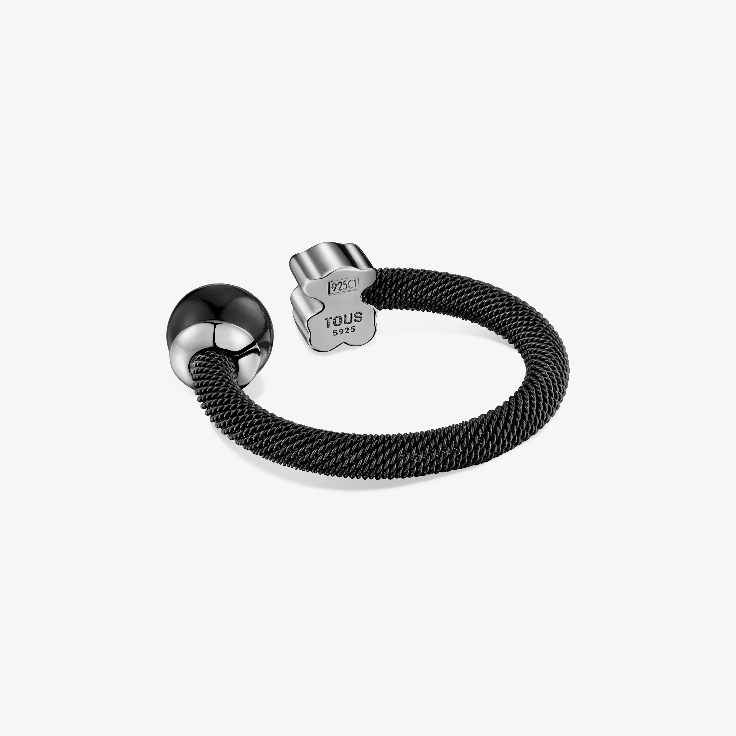 Black steel Open ring with falcon’s eye Icon Mesh