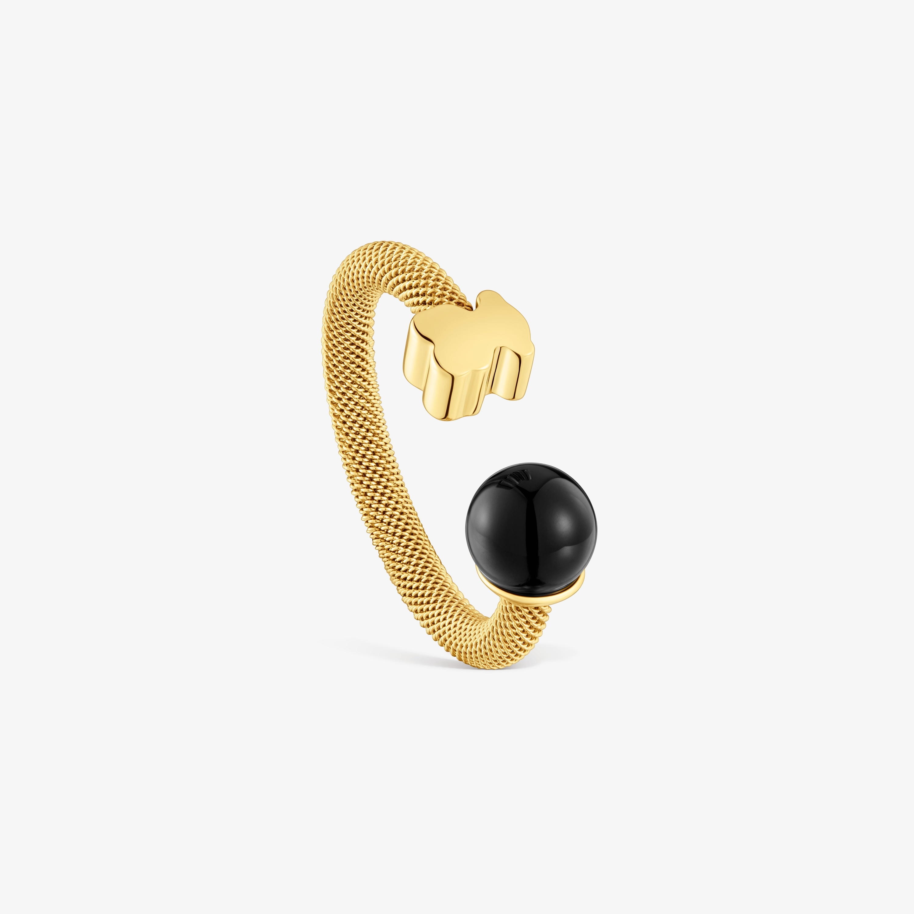 Gold-colored steel Open ring with onyx Icon Mesh