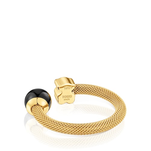 Anillo abierto de acero dorado y ónix Icon Mesh