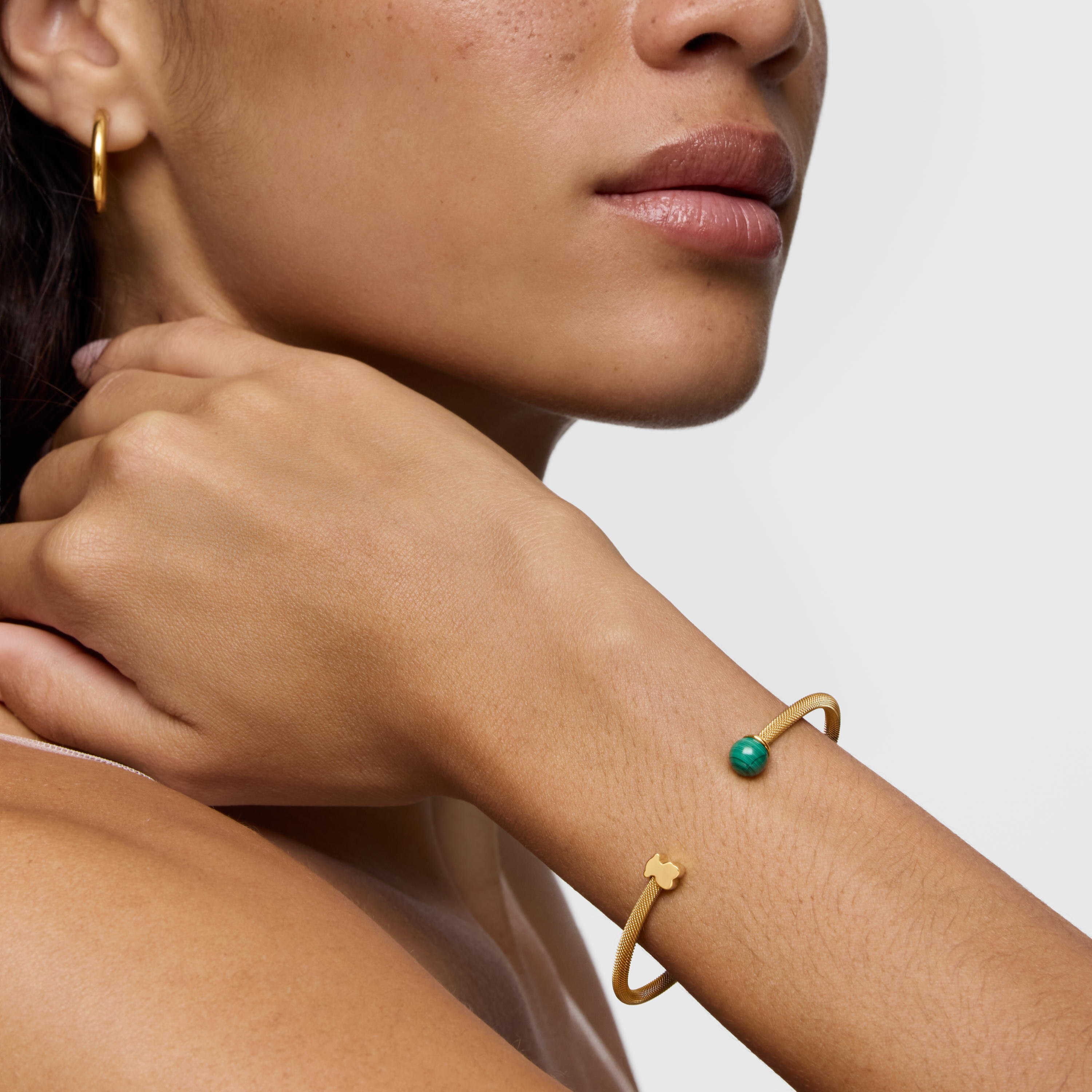 Gold-colored steel Bangle with malachite Icon Mesh | TOUS