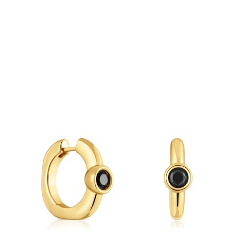 Pendientes de aro con baño de oro 18 kt sobre plata y espinela negra 18 mm Line