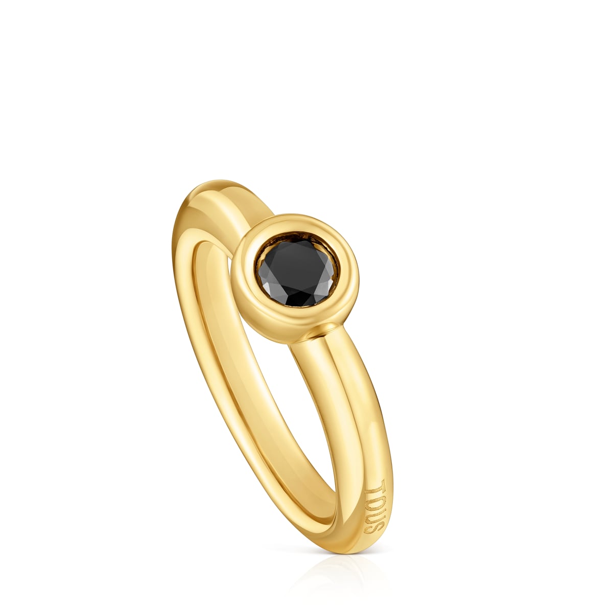 Tous - Anillo Ancho Con Baño De Oro 18 Kt Sobre Plata Y Espinela Negra Line Talla 14