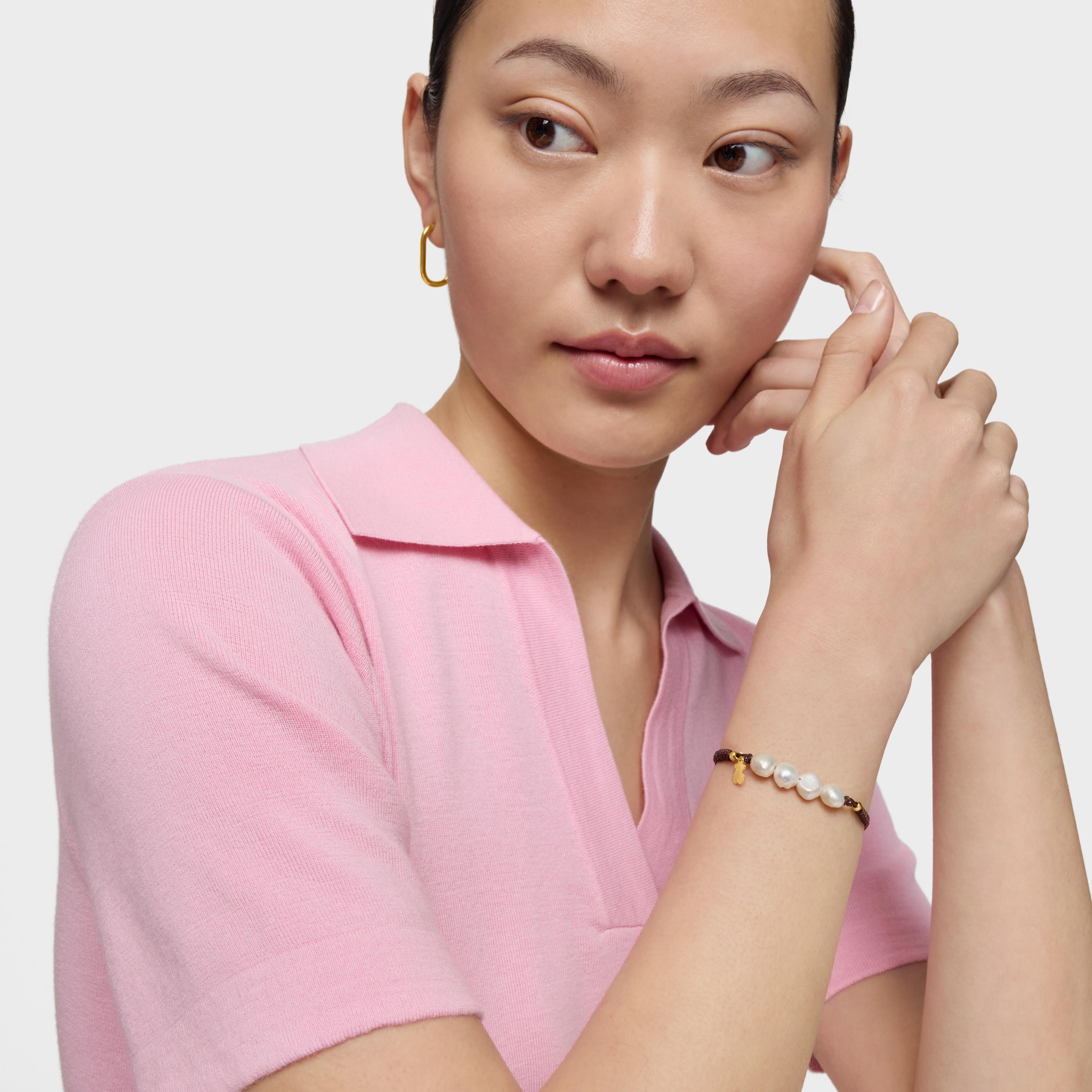 Gold vermeil, pearl and black nylon Bracelet Basics