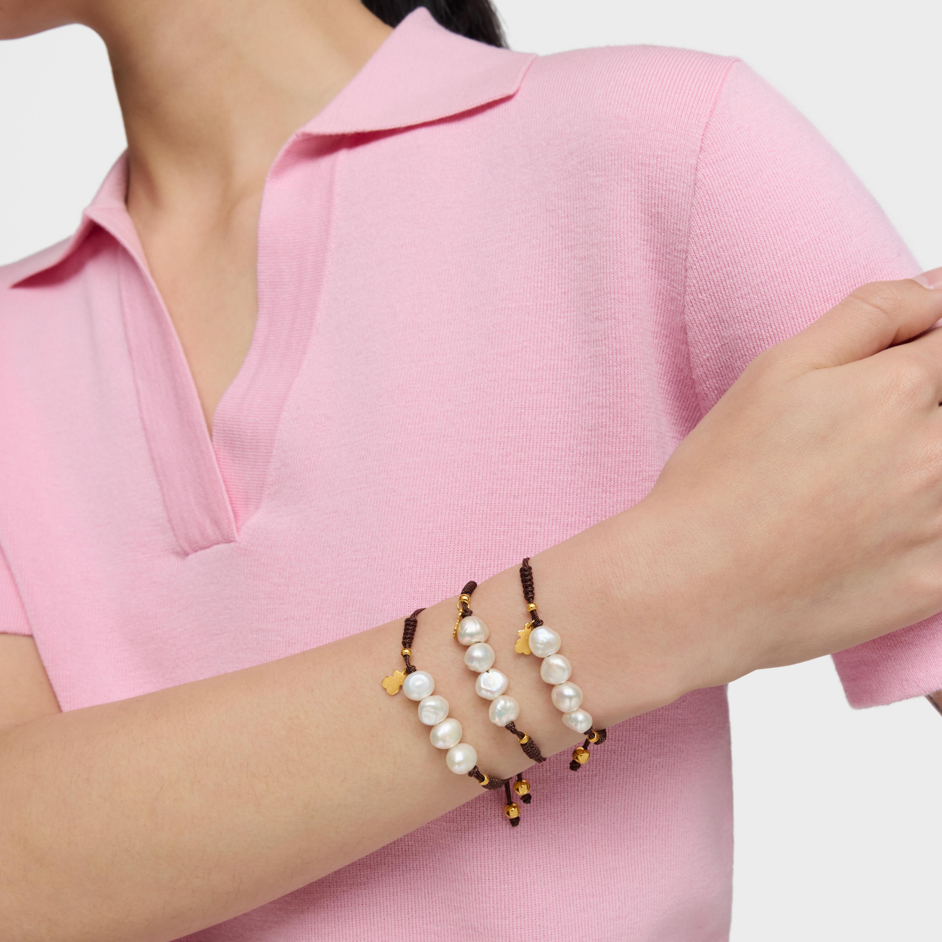Gold vermeil, pearl and black nylon Bracelet Basics