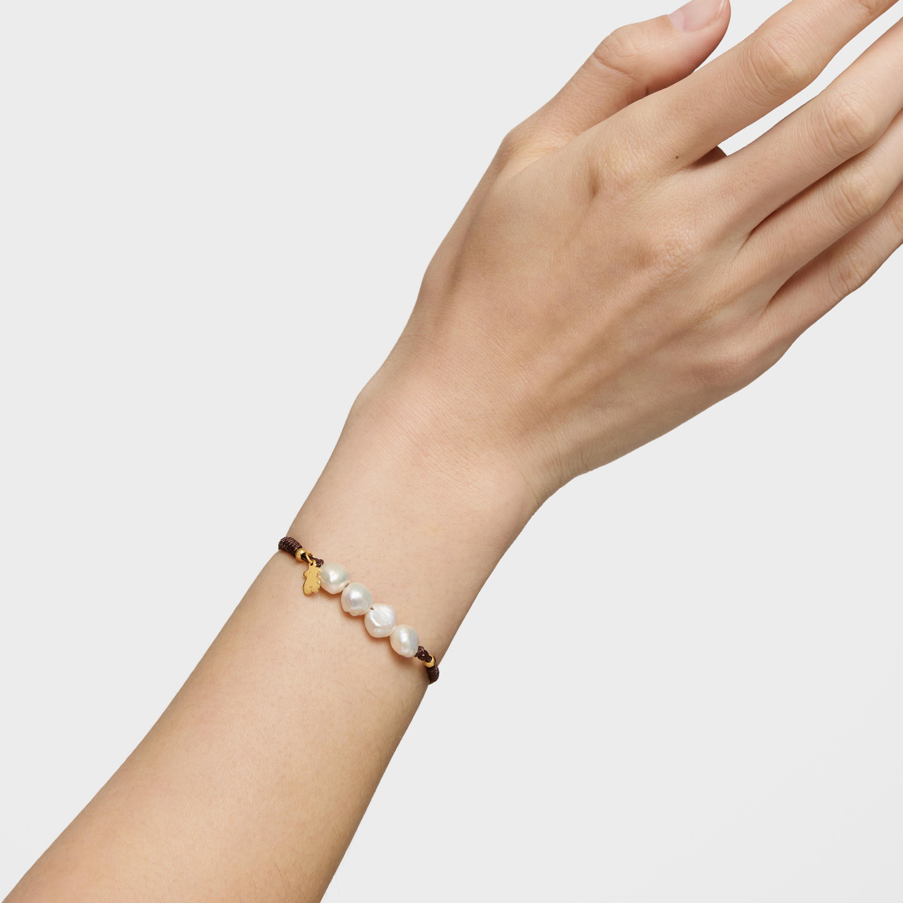 Gold vermeil, pearl and black nylon Bracelet Basics