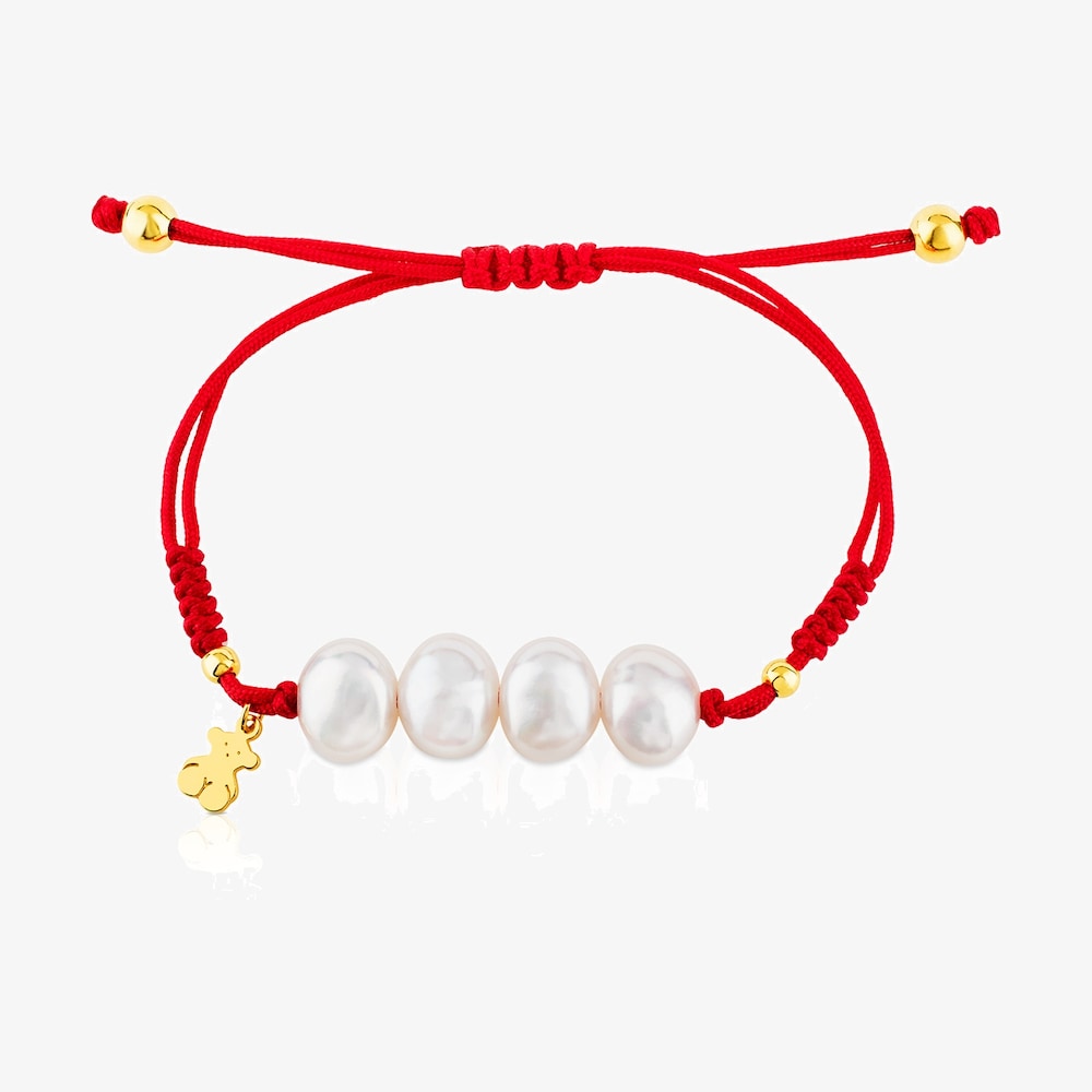 Tous Nudos - Bransoletka z pereł, ż&oacute;łtego srebra Vermeil i czerwonego, plecionego sznurka