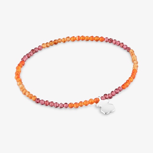 Pulsera el&aacute;stica con gemas naranjas y oso de plata TOUS Motivos