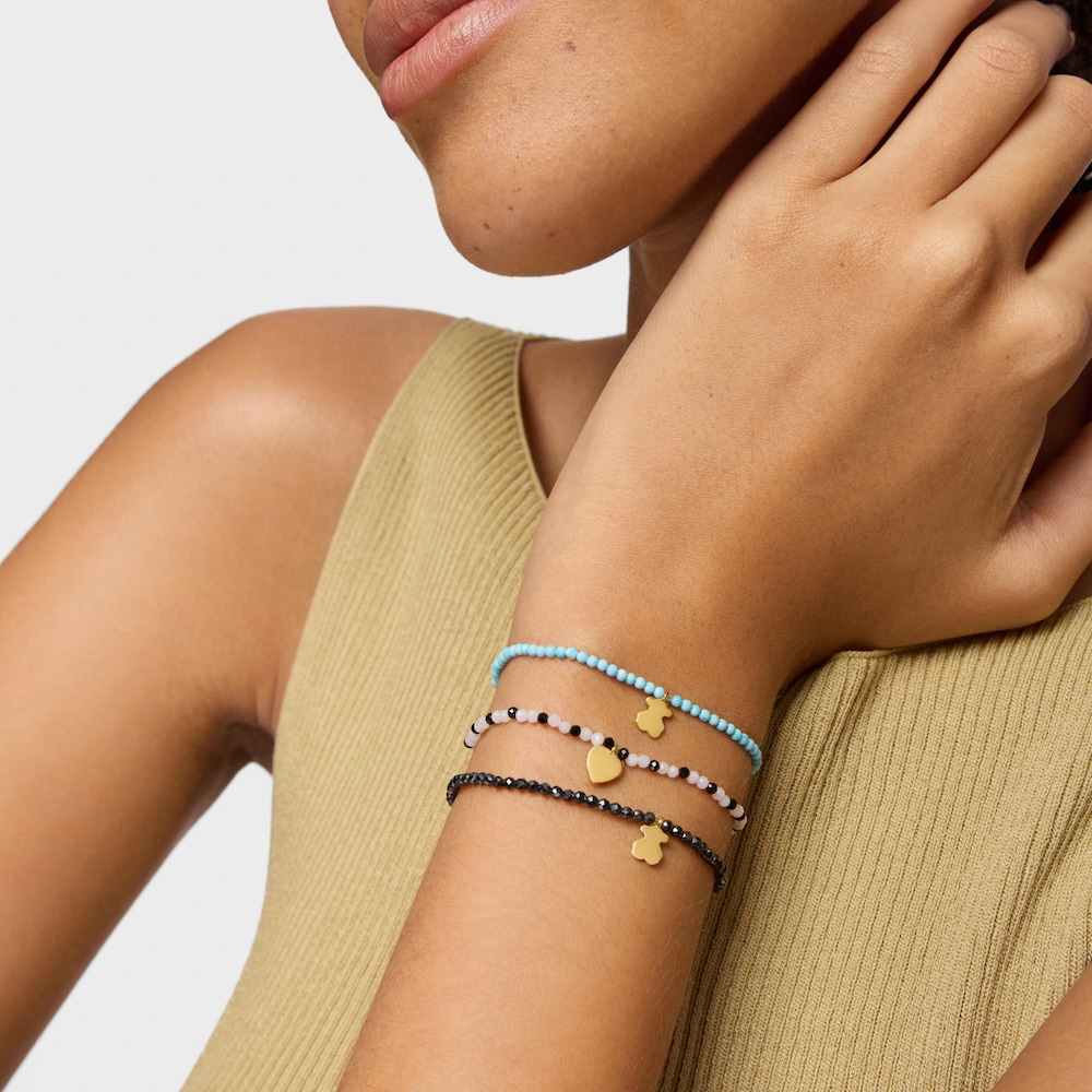 Pulseira el&aacute;stica com calced&oacute;nia, espin&eacute;lios e cora&ccedil;&atilde;o com banho de ouro de 18 K sobre prata TOUS Motivos