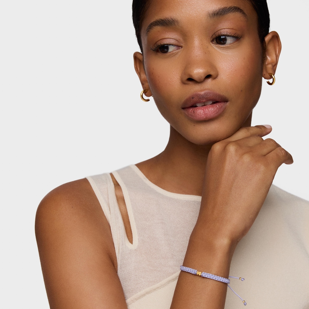 Pulsera oso con ba&ntilde;o de oro 18 kt sobre plata y nylon malva TOUS Motivos