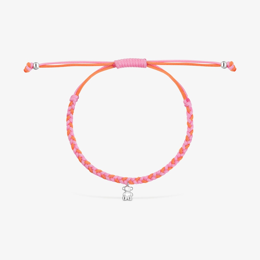 N&aacute;ramek s&nbsp;medv&iacute;dkem ze stř&iacute;bra a&nbsp;oranžov&yacute;m/růžov&yacute;m nylonem TOUS Motifs