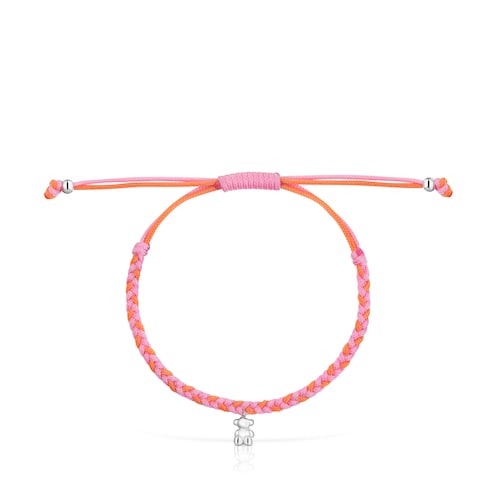 Pulsera oso de plata y nylon naranja/rosa TOUS Motivos