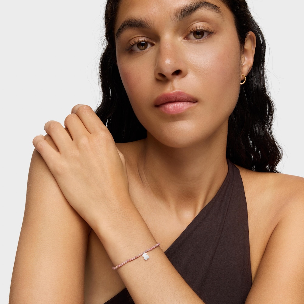 Elastic Bracelet with pink opal and silver bear TOUS Motifs