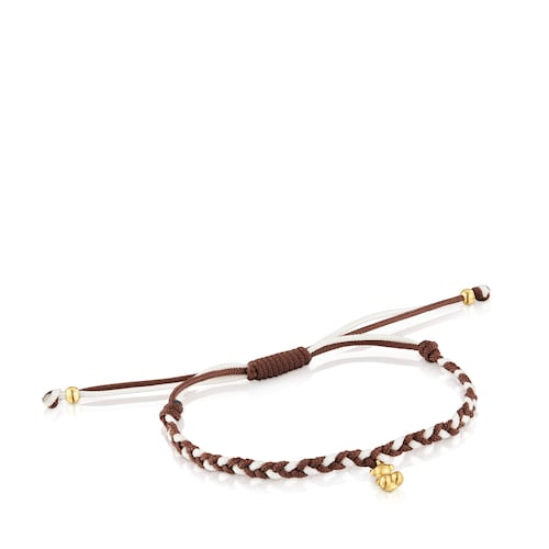 Pulsera oso con baño de oro 18 kt sobre plata y nylon marrón TOUS Motivos