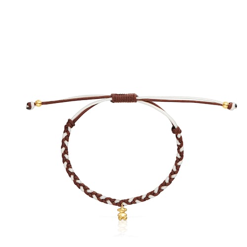 Pulsera oso con baño de oro 18 kt sobre plata y nylon marrón TOUS Motivos
