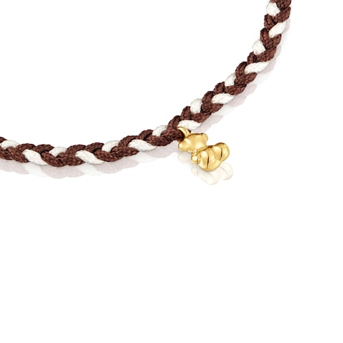 Pulsera oso con baño de oro 18 kt sobre plata y nylon marrón TOUS Motivos