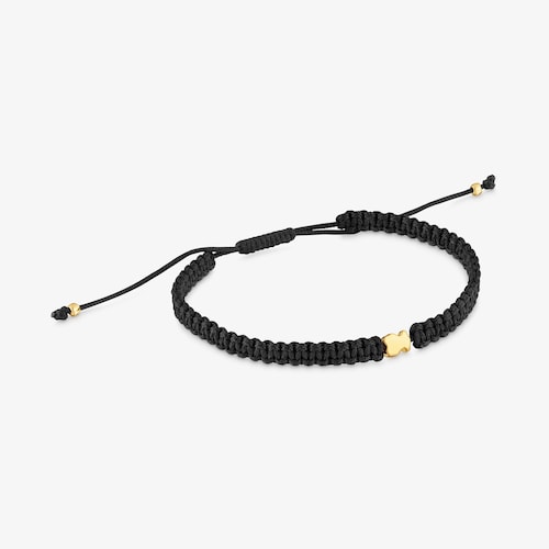 Pulsera oso con ba&ntilde;o de oro 18 kt sobre plata y nylon negro TOUS Motivos