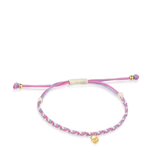 Pulsera oso con baño de oro 18 kt sobre plata y nylon rosa/blanco TOUS Motivos