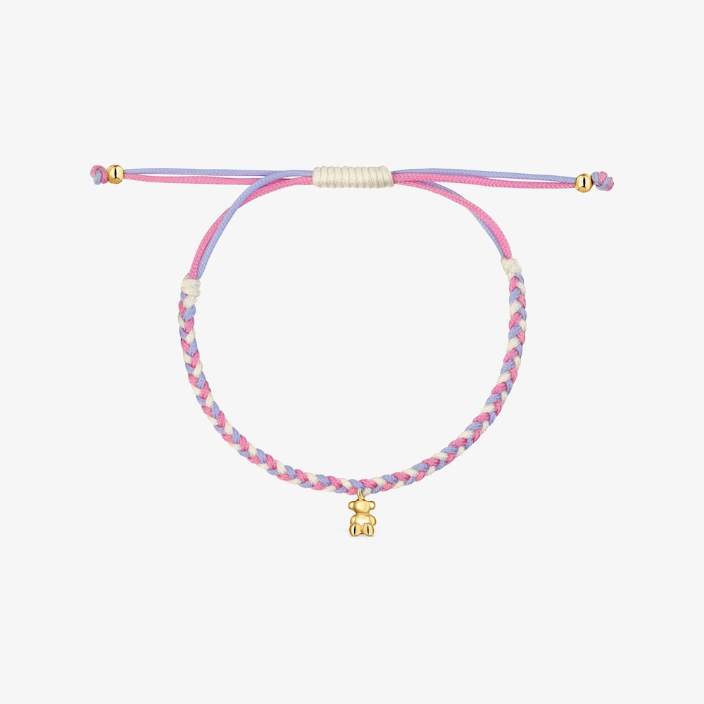 Pulseira urso com banho de ouro de 18&nbsp;K sobre prata e nylon rosa/branco TOUS Motivos