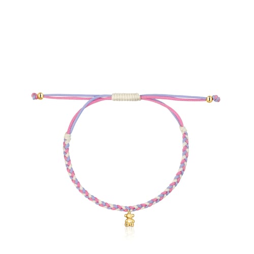 Pulsera oso con baño de oro 18 kt sobre plata y nylon rosa/blanco TOUS Motivos