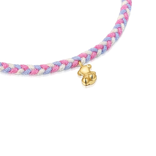 Pulsera oso con baño de oro 18 kt sobre plata y nylon rosa/blanco TOUS Motivos
