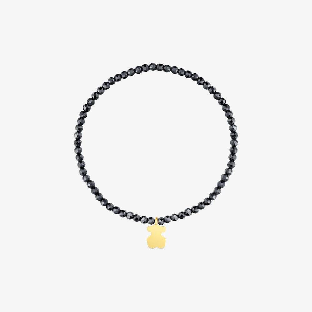 Pulseira el&aacute;stica com hematite e urso com banho de ouro de 18 K sobre prata TOUS Motivos