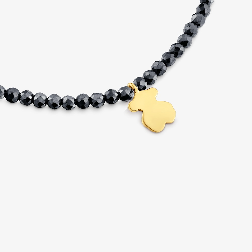 Pulseira el&aacute;stica com hematite e urso com banho de ouro de 18 K sobre prata TOUS Motivos