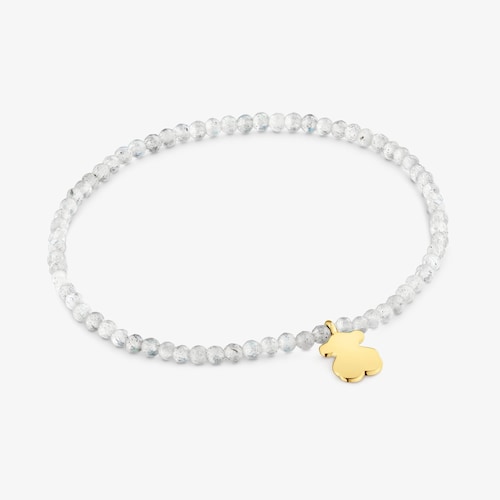 Pulsera el&aacute;stica con labradorita gris y oso con ba&ntilde;o de oro 18 kt sobre plata TOUS Motivos