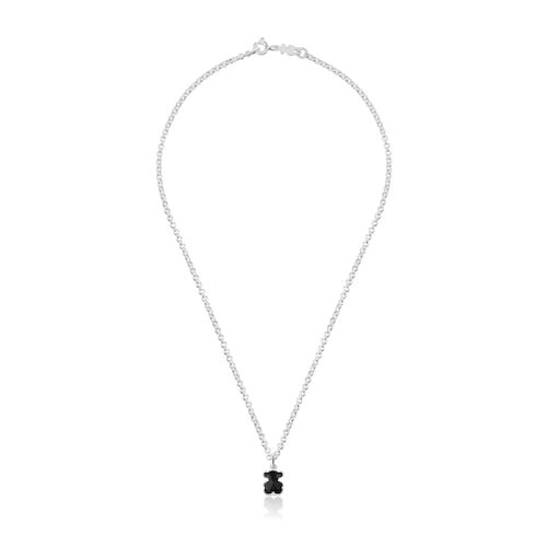 Collar corto de plata y motivo oso en ónix Icon Color