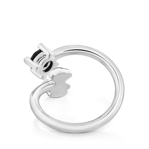 Anillo abierto espiral con oso de plata y espinela negra Cachito Mío