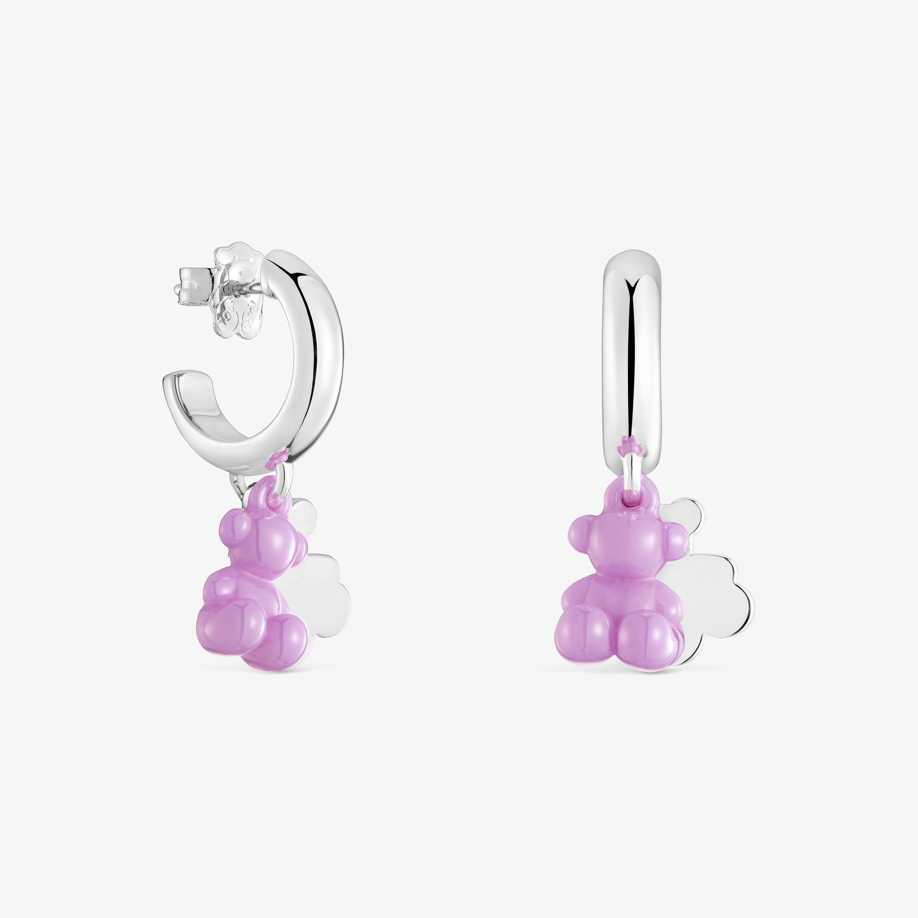 Silver Hoop earrings with lilac-colored ceramic and double bear Silver Hoop earrings with lilac-colored ceramic and double bear