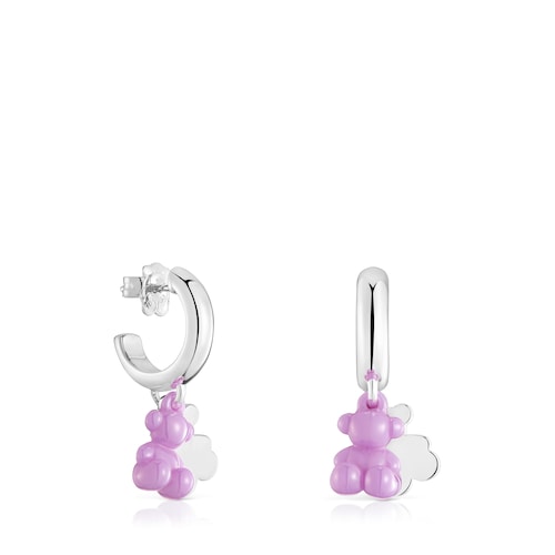 Pendientes aro de plata con cerámica lila y doble oso Bold Bear
