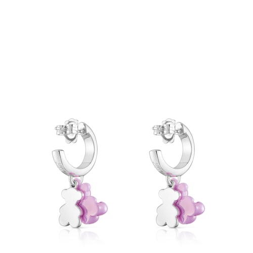 Pendientes aro de plata con cerámica lila y doble oso Bold Bear