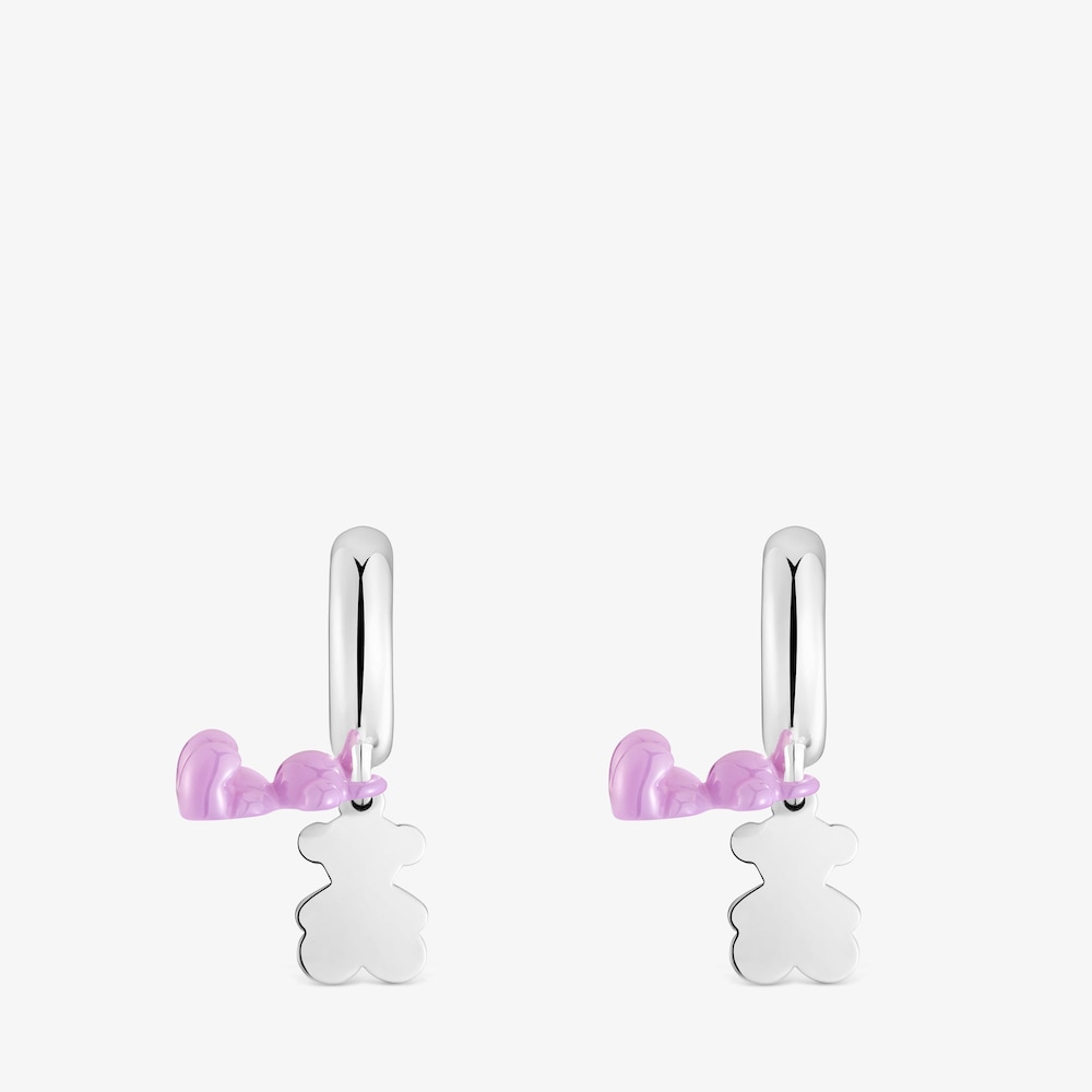 Srebrne Kolczyki kreolki z motywem dw&oacute;ch misi&oacute;w z liliowej ceramiki Bold Bear